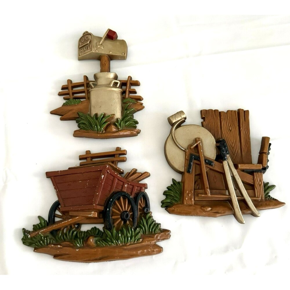 VTG Sexton Metal Rustic Wall Plaques Wagon Mailbox Sharpener Set of 3 Grannycore